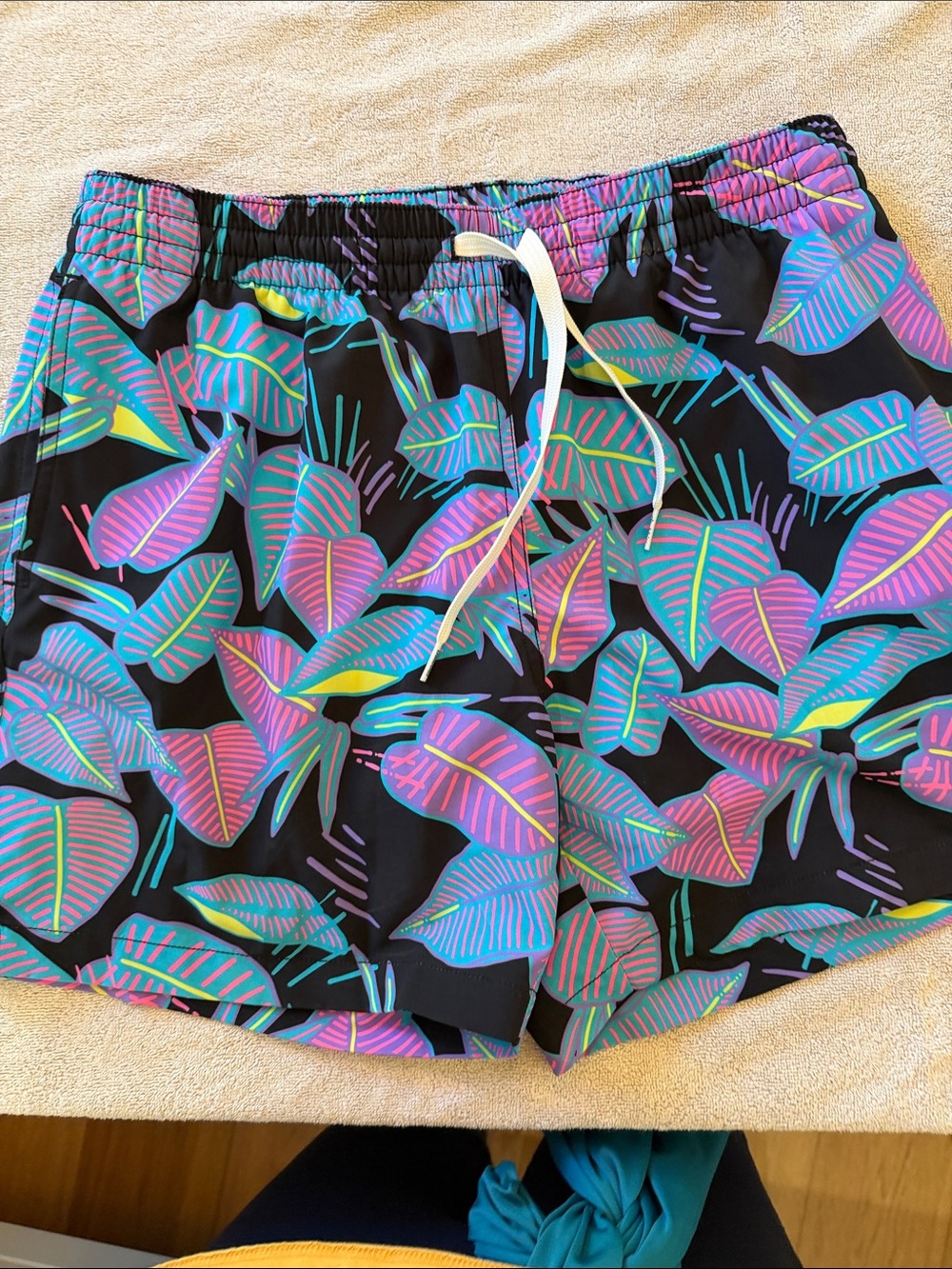 chubbies Black Swim Trunks with Neon Pink, Blue, Teal & Yellow Leaf Print